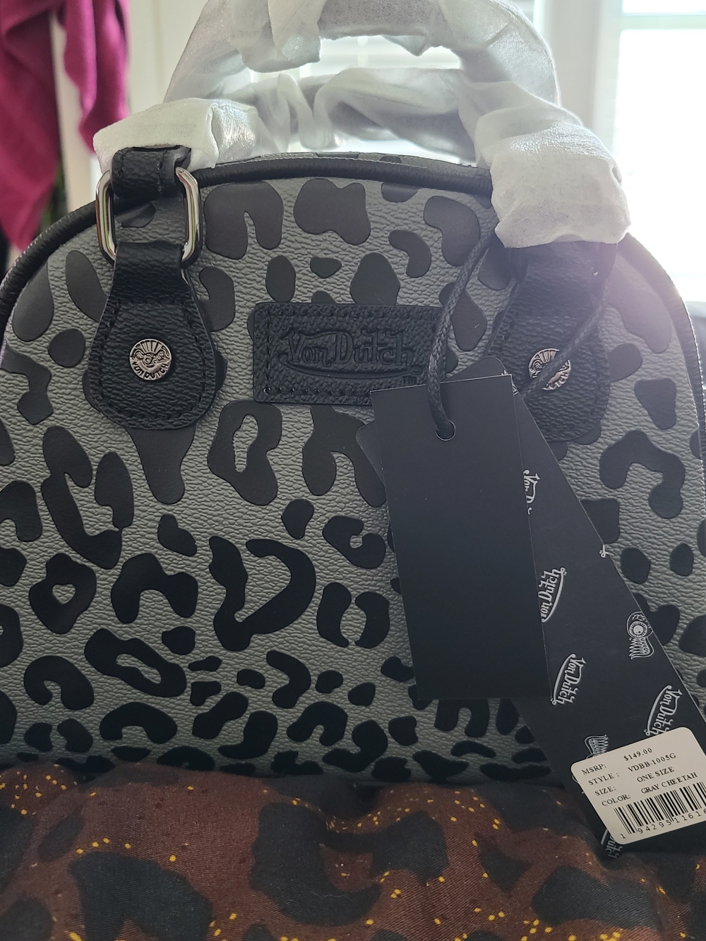 Von Dutch Women's Grey & Black Leopard Print Satchel
